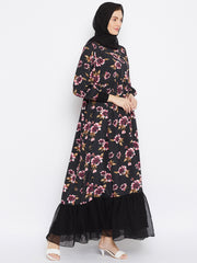 Printed Abaya with Black Georgette Hijab