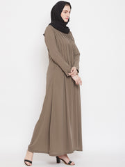 Oat Solid Side Plate Abaya for Women with Black Georgette Scarf