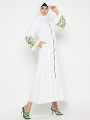 Front Zip Closure Rayon White Abaya for Umrah/Hajj with Black Hijab
