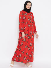 Red Floral Printed Abaya with Black Georgette Hijab
