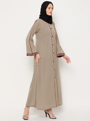 Beige Embroidery Work Front Open Abaya for Women with Black Georgette Scarf