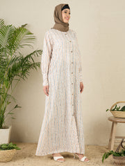 Striped Printed Front Open Abaya with Black Hijab