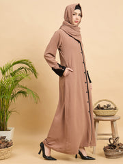 Front Open Modest Beige Coat-Style Abaya with Matching Hijab