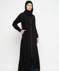 Front Open Zip Closure Black Abaya Dress with Black Georgette Hijab