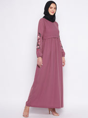 Puce Pink Embroidery Work Abaya for Women with Black Georgette Scarf