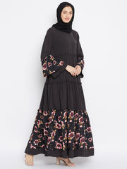 Floral Printed Frill Abaya Dress with Black Georgette Hijab
