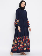 Blue Floral Printed Abaya Dress with Black Georgette Hijab