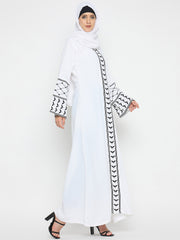 Kefiyyeh Embroidery White Abaya for Umrah/Hajj with Black Hijab