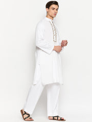 White Solid Cotton Men's Kurta Pajama Set