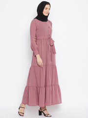 Frilled Pink Abaya/Burqa For Women With Belt and Black Hijab
