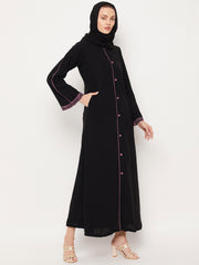 Black Embroidery Work Front Open Abaya for Women with Black Georgette Scarf