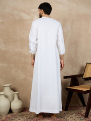 White Cotton Thobe for Men with Beige Piping