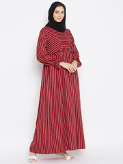 Maroon Stripe Abaya Dress with Black Georgette Hijab