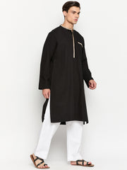 Embroidery Black Solid Cotton Men's Kurta Pajama Set