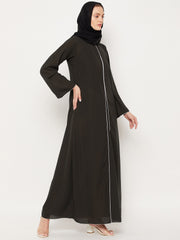 Olive Green Abaya for women with Black Georgette Scarf
