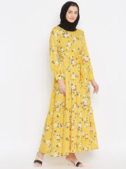 Yellow Floral Printed Abaya Dress for Women with Black Georgette Scarf