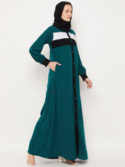 Women Green Front Open Abaya with Black Georgette Hijab