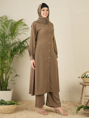 Front Open Khaki(Oat) Solid Co-Ord Set for Women