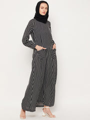 Striped Abaya for Women with Black Georgette Hijab