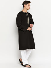 Black Solid Embroidery Details Mens Kurta