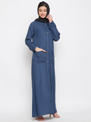 Grey Rayon Front Open Abaya for Women with Black Georgette Scarf