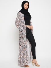 White Printed Front Open Shrug with Black Georgette Hijab