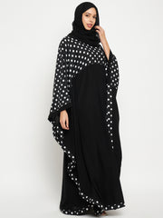 Polka Dot Printed Women Kaftan Abaya with Black Georgette Scarf