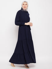 Frilled Blue Abaya/Burqa For Women With Belt and Black Hijab
