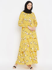 Floral Printed Frill Abaya Dress for Women with Black Georgette Hijab