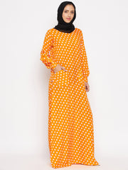 Yellow Polka Design Abaya for Women with Black Georgette Hijab