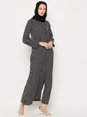 Front Open Black Stripe Abaya for Women with Black Georgette Scarf