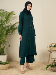 Front Open Green Solid Co-ord Set for Women