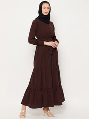 Frilled Brown Abaya/Burqa For Women With Belt and Black Hijab