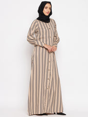 Beige Stripe Front Open Abaya for Women with Black Georgette Scarf