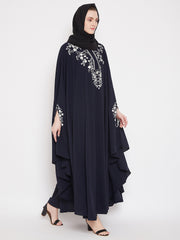 Blue Chikan Hand Embroidered Irani Kaftan Abaya with Black Georgette Hijab