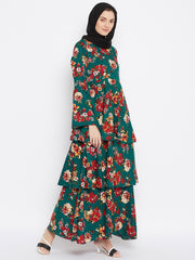 Floral Printed Crepe Frill Abaya Dress for Women with Black Georgette Hijab