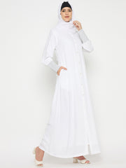 Women Front Open Rayon White Abaya for Umrah/Hajj with Black Hijab