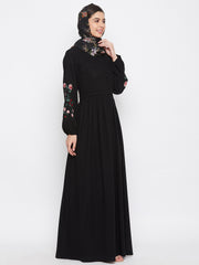 Black Embroidery Work Abaya for Women with Black Georgette Scarf