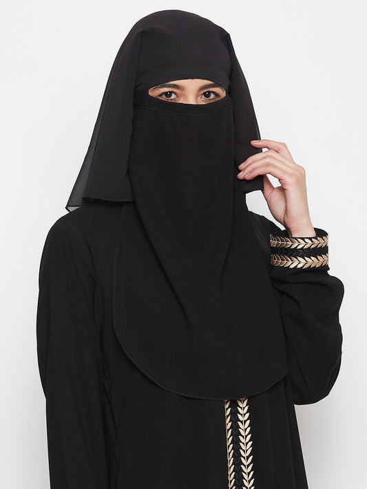 Three Layer Plain Black Solid Georgette Fabric Women’s Naqab / Hijab