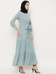 Frilled Sea Green Abaya/Burqa For Women With Belt and Black Hijab