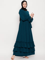 Women Frilled Abaya Burqa With Belt and Black Hijab