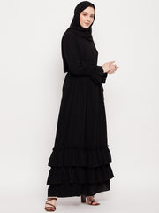 Women Black Frilled Abaya Burqa With Belt and Black Hijab