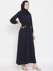 Blue Embroidery Abaya Dress with Black Georgette Hijab