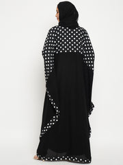 Polka Dot Printed Women Kaftan Abaya with Black Georgette Scarf