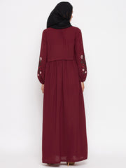 Maroon Chikan Embroidery Work Abaya for Women with Black Georgette Scarf