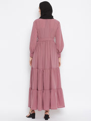 Frilled Pink Abaya/Burqa For Women With Belt and Black Hijab