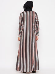 Brown Stripe Front Open Abaya for Women with Black Georgette Scarf