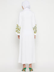 Front Zip Closure Rayon White Abaya for Umrah/Hajj with Black Hijab