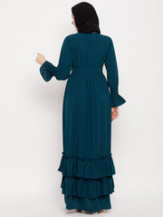 Women Frilled Abaya Burqa With Belt and Black Hijab