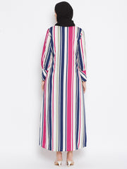 Pink Stripe Front Open Abaya for Women with Black Georgette Scarf